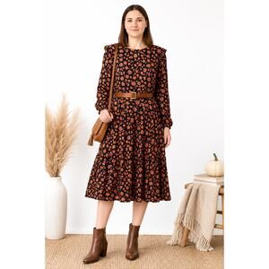 H&M Divided Floral Long Sleeve Tiered Midi Dress Size Medium Black Pink Orange